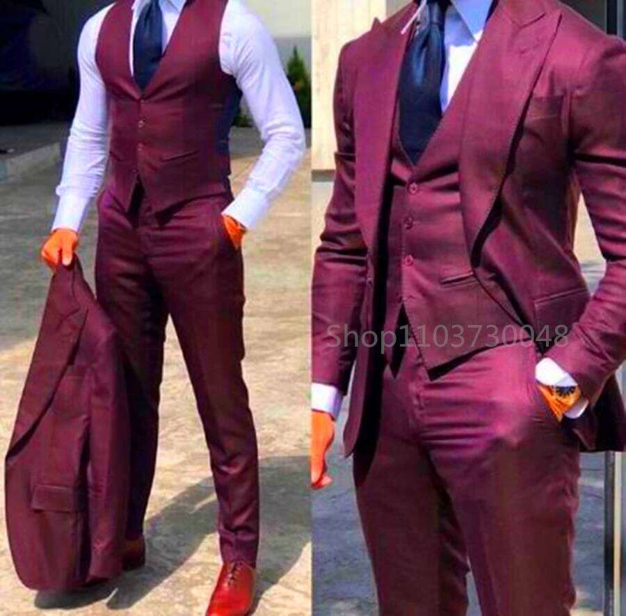 Solid Color Fashion Men Boutique Business Suits Wedding Suit Formal Groom Tuxedos 3 Pcs Set Dress Peak Lapel Blazer Vest Pants