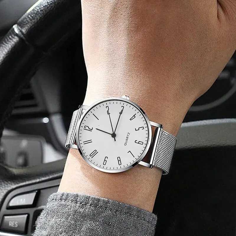 Mens Trend Simple Casual Fashion Thin Cndar Digital Luxury Business Series Stainless Steel Mesh Quartz Wrist Y250715