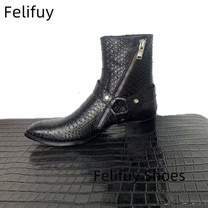 Genuine Leather Black Western Boots Snakeskin Buckle Strappy Men Ankle Boots Flats Trainers Side Zip Sapatos Shoes Men 250715