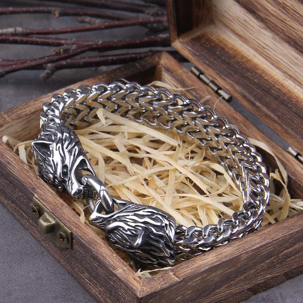 Never Fade Rock Viking Wolf Charm Bracelet Mens Stainless Steel Mesh Chain Gold Wolf Punk Jewelry without box 250712