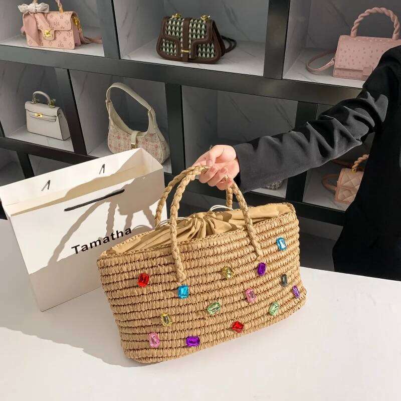 Summer Straw Woven Handmade Handbag Large Capacity Bucket Crystal Shiny Rhinestones Dia Tote Women Holiday Beach Bag