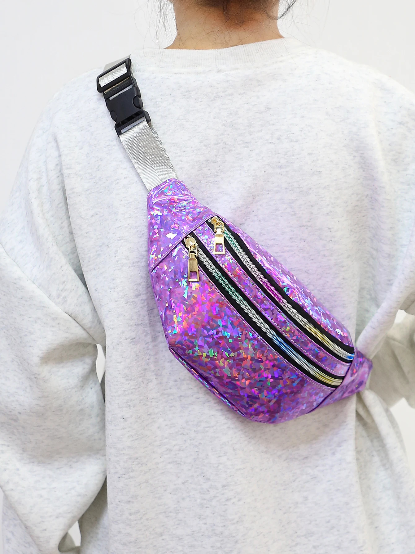 Holographic Waist Bags Women Silver Fanny Pack Female Belt Bag Black Geometric Waist Packs Laser Chest Phone Pouch Bum Bag 250714