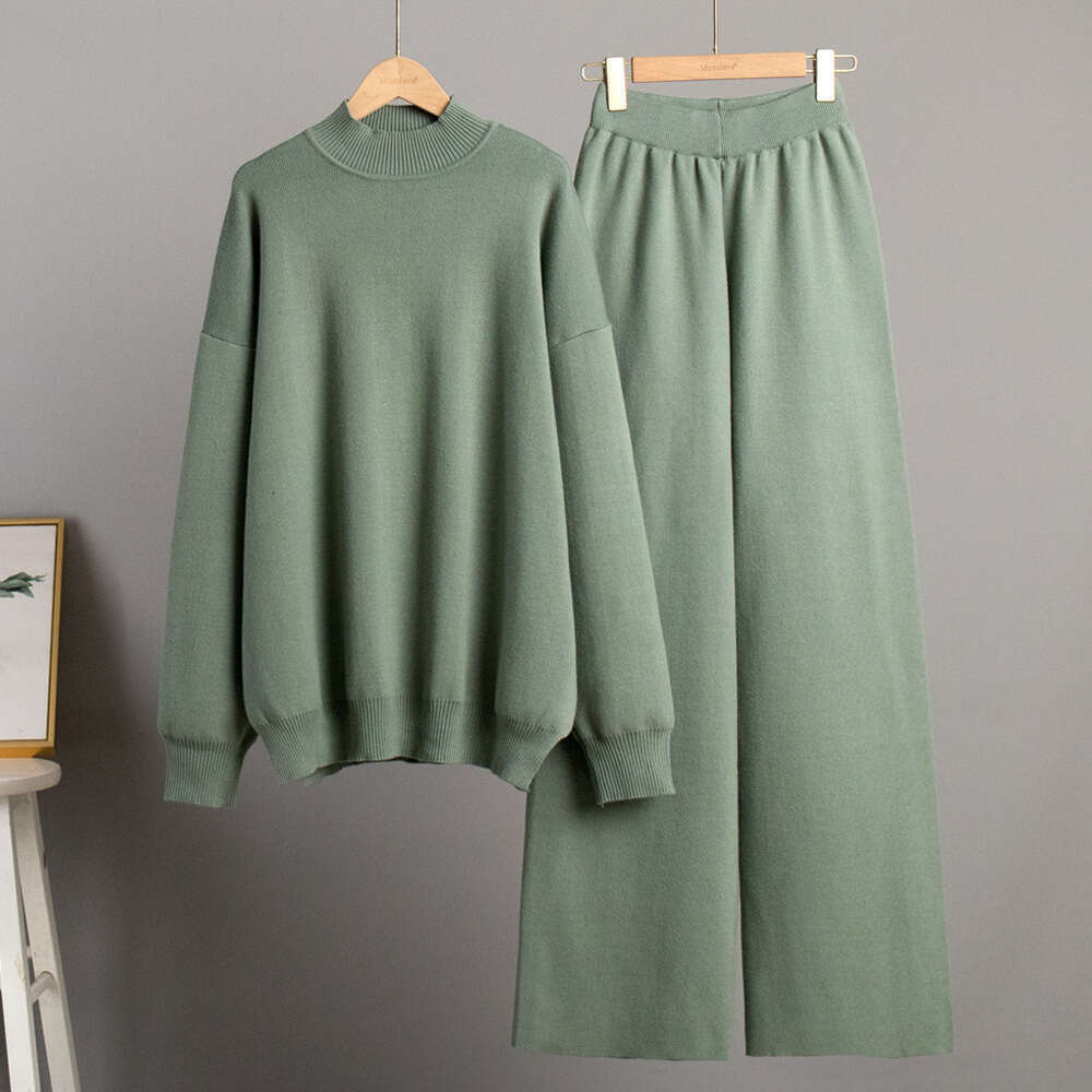 Solid Color Knitted High Neck Slit Women's Fashion Casual Lazy Sweater Set For Autumn And Winter B5