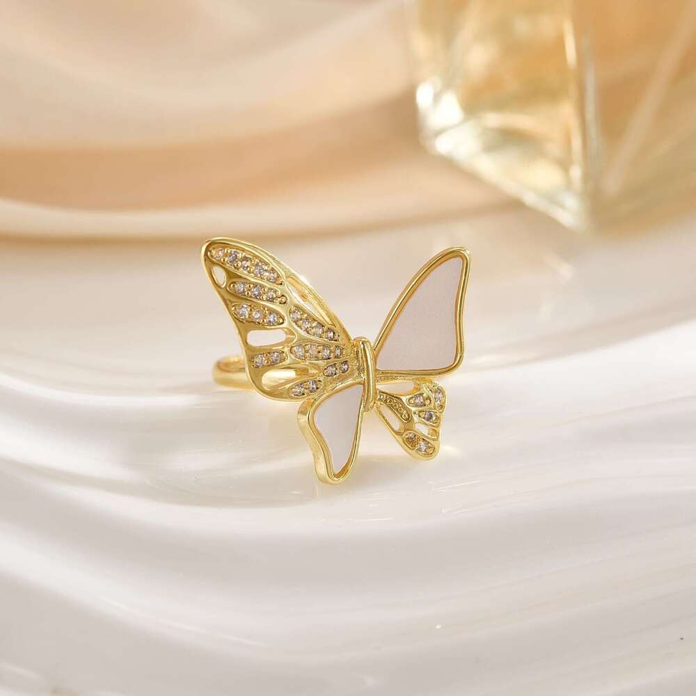 Fashion Versatile Copper Gold-Plated Butterfly Design Ring For Women With Micro-Paved Zircon, Light Luxury Niche High-End Jewelry 7Ac