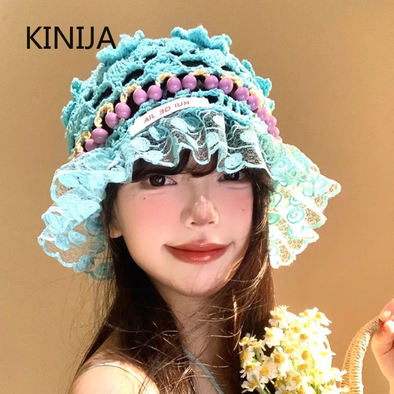 Korea Retro Knitted Hollow Out Flower Bead Hat Handmade Crochet Bucket Hat Women Summer Basin Cap Trendy Round Top Cap Girl 250715