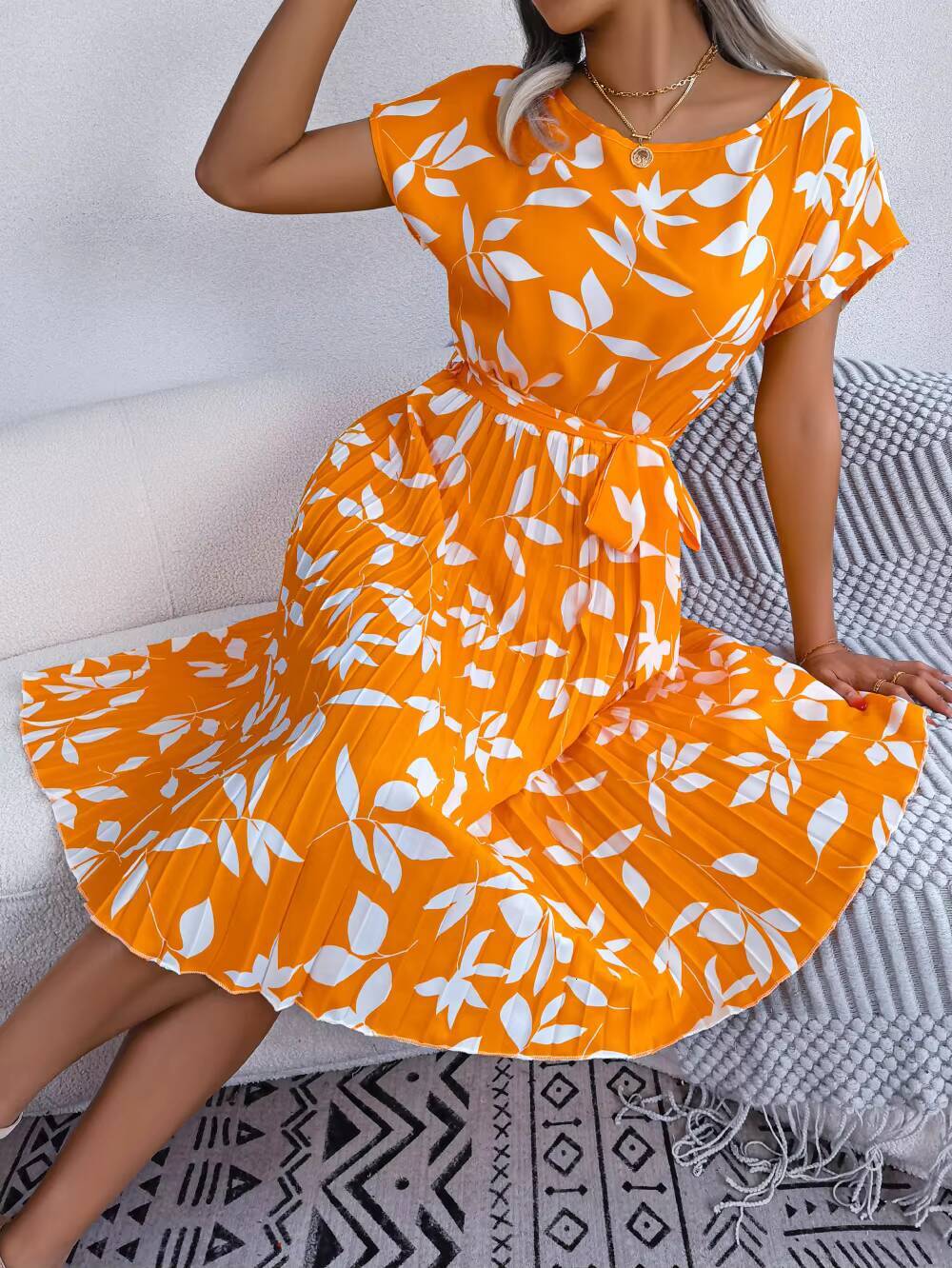 Casual O-neck Short Sleeve Dress Office Lady Spring Summer Fashion Elegant Floral Print Lace Up Pleated Dresses For Women 2023 dongdumaoyi