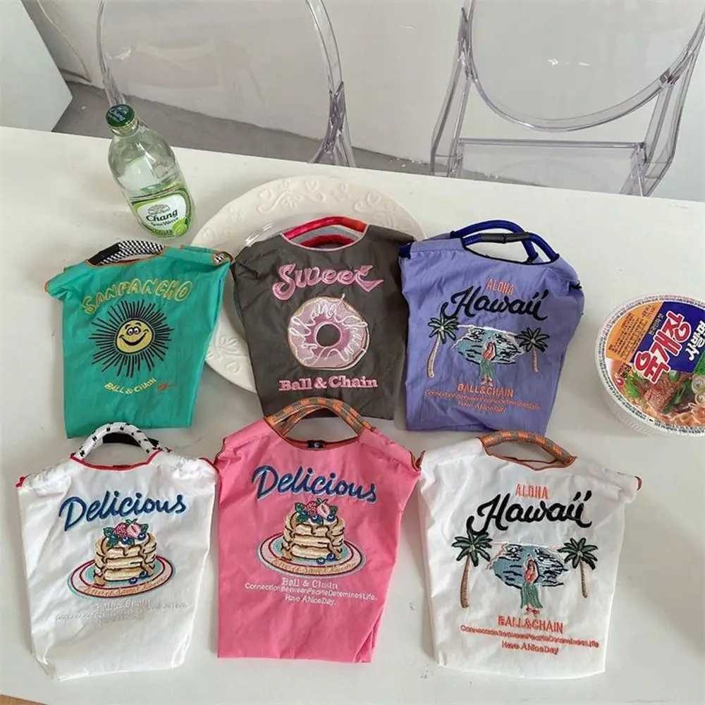 Versatile Printed Ball Chain Embroidery Canvas Bag Japanese Makeup Bag Mini Handbag Shopping Bag Nylon Storage Bag Girls