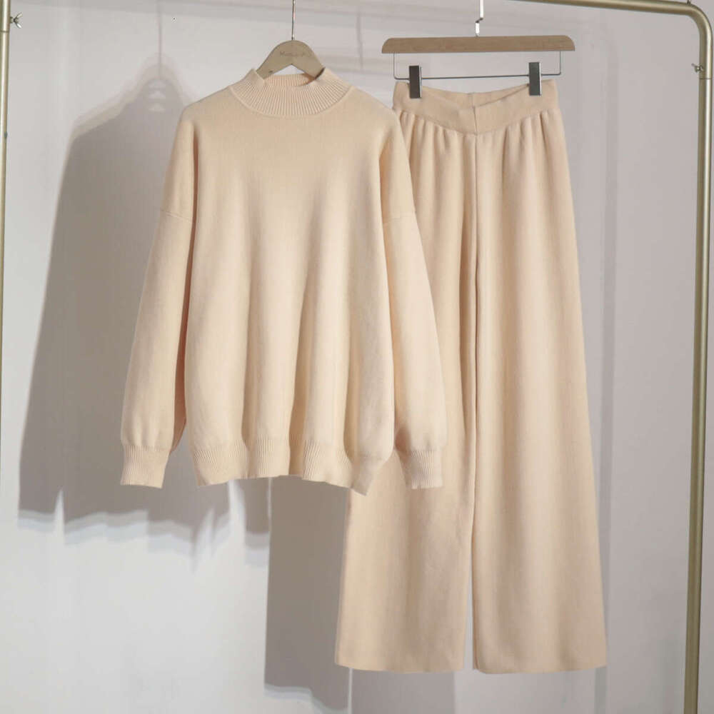 Solid Color Knitted High Neck Slit Women's Fashion Casual Lazy Sweater Set For Autumn And Winter B5
