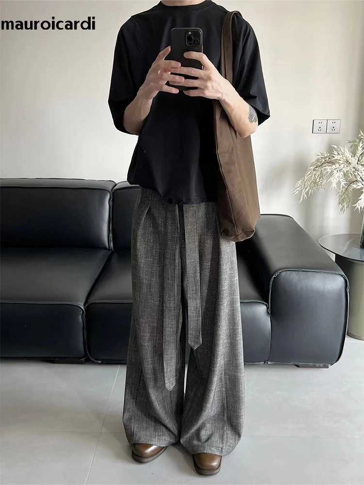 Mauroicardi Spring Long Gray Flowy Baggy Wide Leg Pants for Men Sashes Clothing Loose Casual Soft Korean Fashion Trousers 2024 y250716