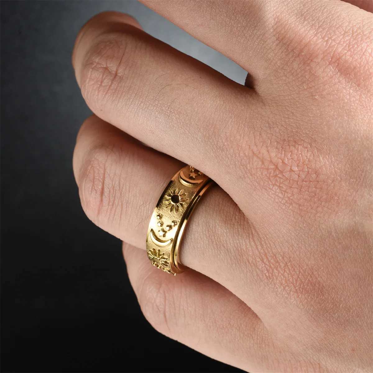 Bohemia Star Moon Anxiety Relaxing Ring For Men Stainless Steel Rotatable Spinner Fidgets Anti Stress Rings Jewelry Bague Homme S250716