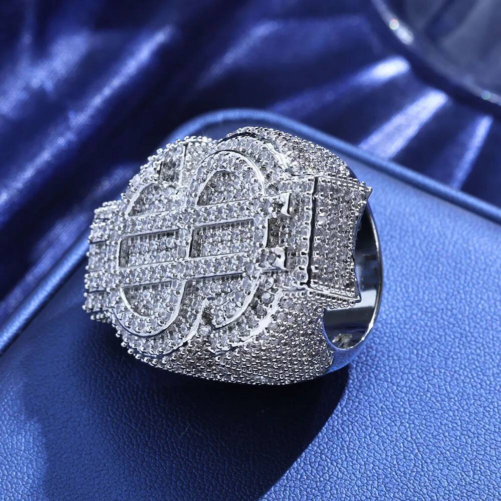 Hot Selling Hip Hop Jewelry Brass 5A Cz Iced Out Dollar Big Rings Mens Good Quality Money Ring Party Gift