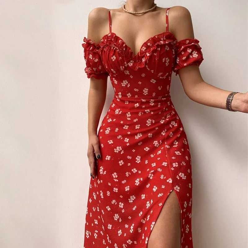 New Summer Elegant Casual Floral Print Off Shoulder Split Dress Women Short Sleeve Slim Midi Dress for Club Party Holiday R250716