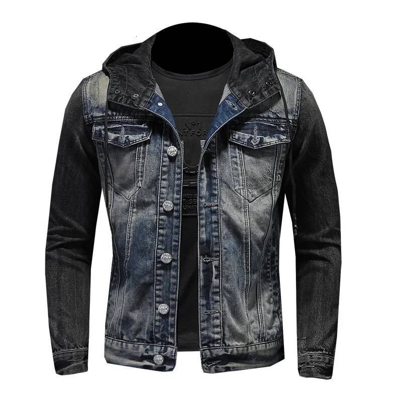 Men Spliced Hooded Washed Denim Jacket Long Sleeve Cardigan Single Breasted Outerwear Loose Coats Pockets High Street Button