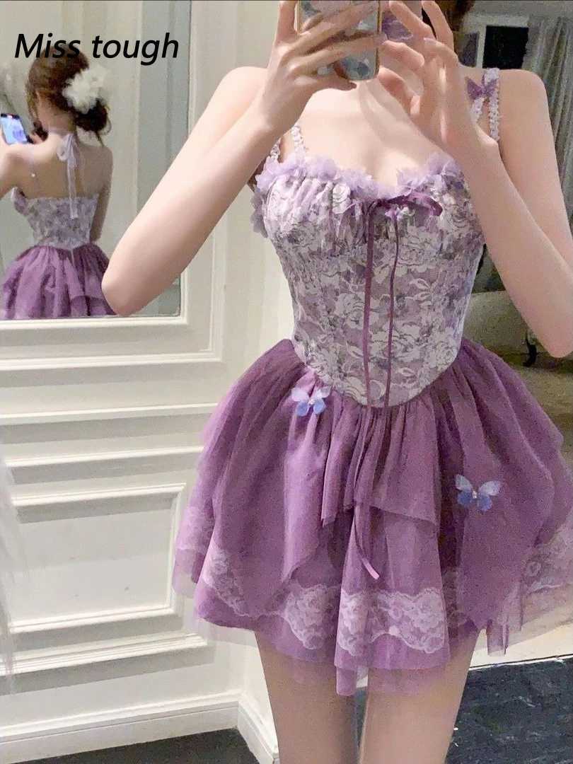 Women Fairycore Mini Dress Lace Patchwork Sleeveless Corset Dress Sweet Purple Butterfly Summer Aesthetic Slim Fit Outfit 2025 R250716