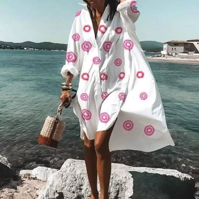 Flowers Printed Beach Shirts Dresses Women Fashion Temperament Loose Midi Shirt Dress Lady Vestidos Spring Summer Casual White dongdumaoyi