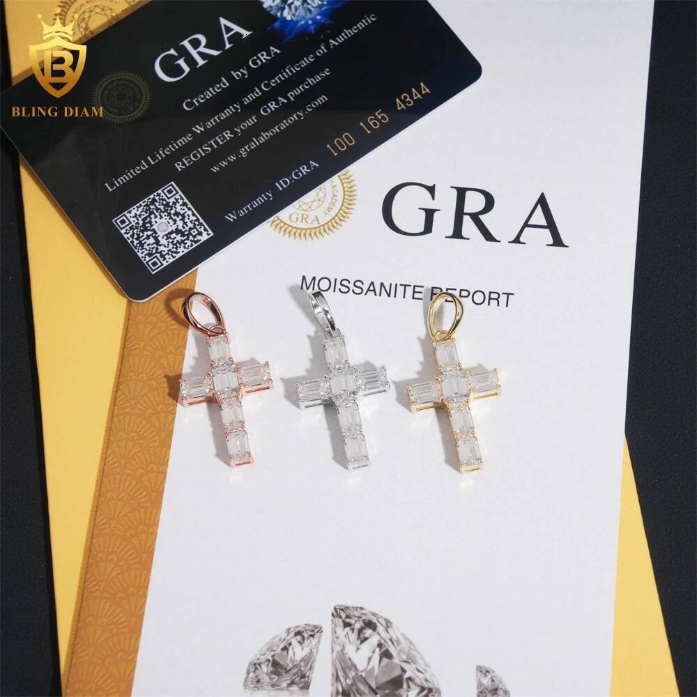 New Arrival 925 Silver Emerald Cut Moissanite Cross Pendant Hip Hop Jewelry Suitable for 4mm Tennis Chain