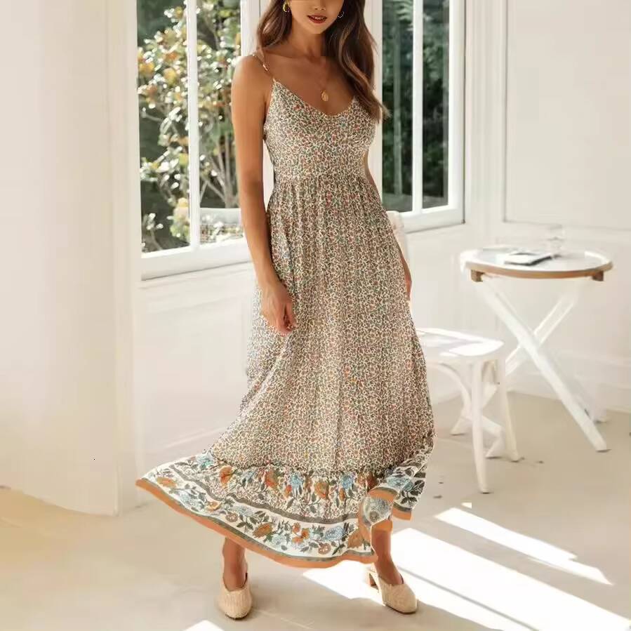 2025 Summer New Style Womens Bohemian V-Neck Tank Large Ornamentation Amazon Cross-Border Fashion Dress dongdumaoyi