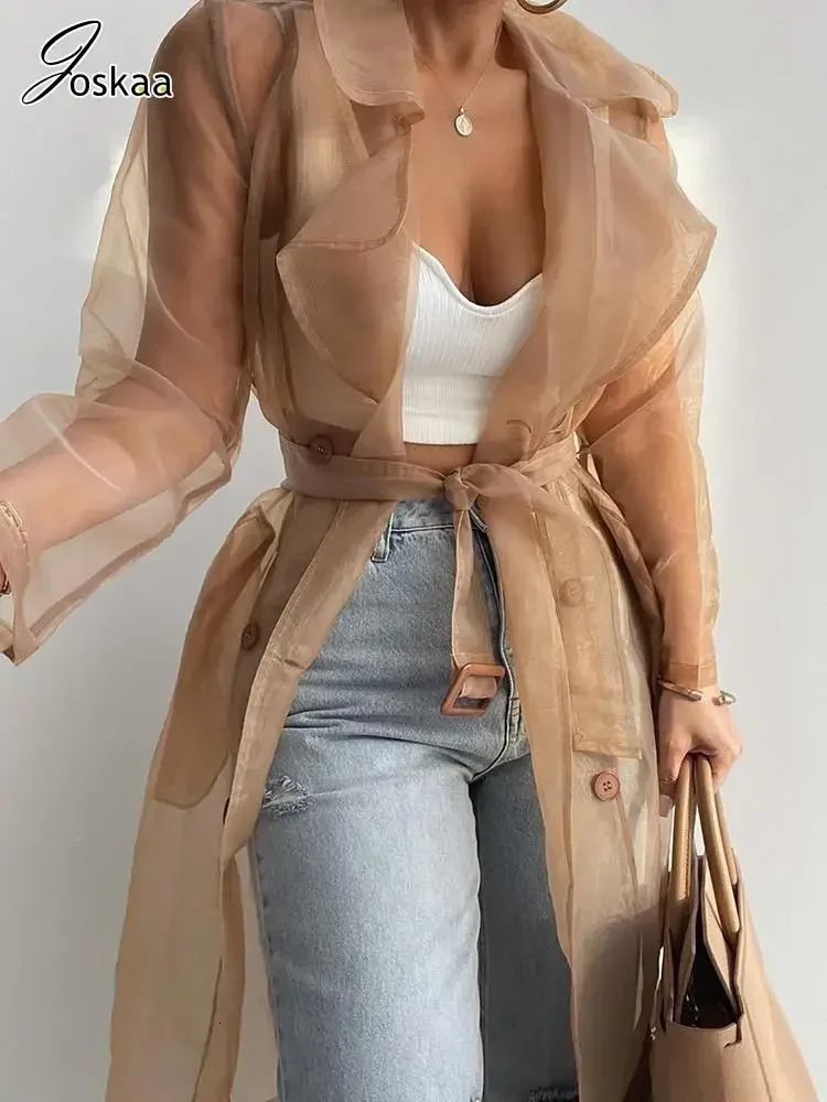 Joskaa Solid Organza See Through Lapel Full Sleeve Trench Summer Women Fashion Buttoned Coat with Belt Elegant Shirts 250715