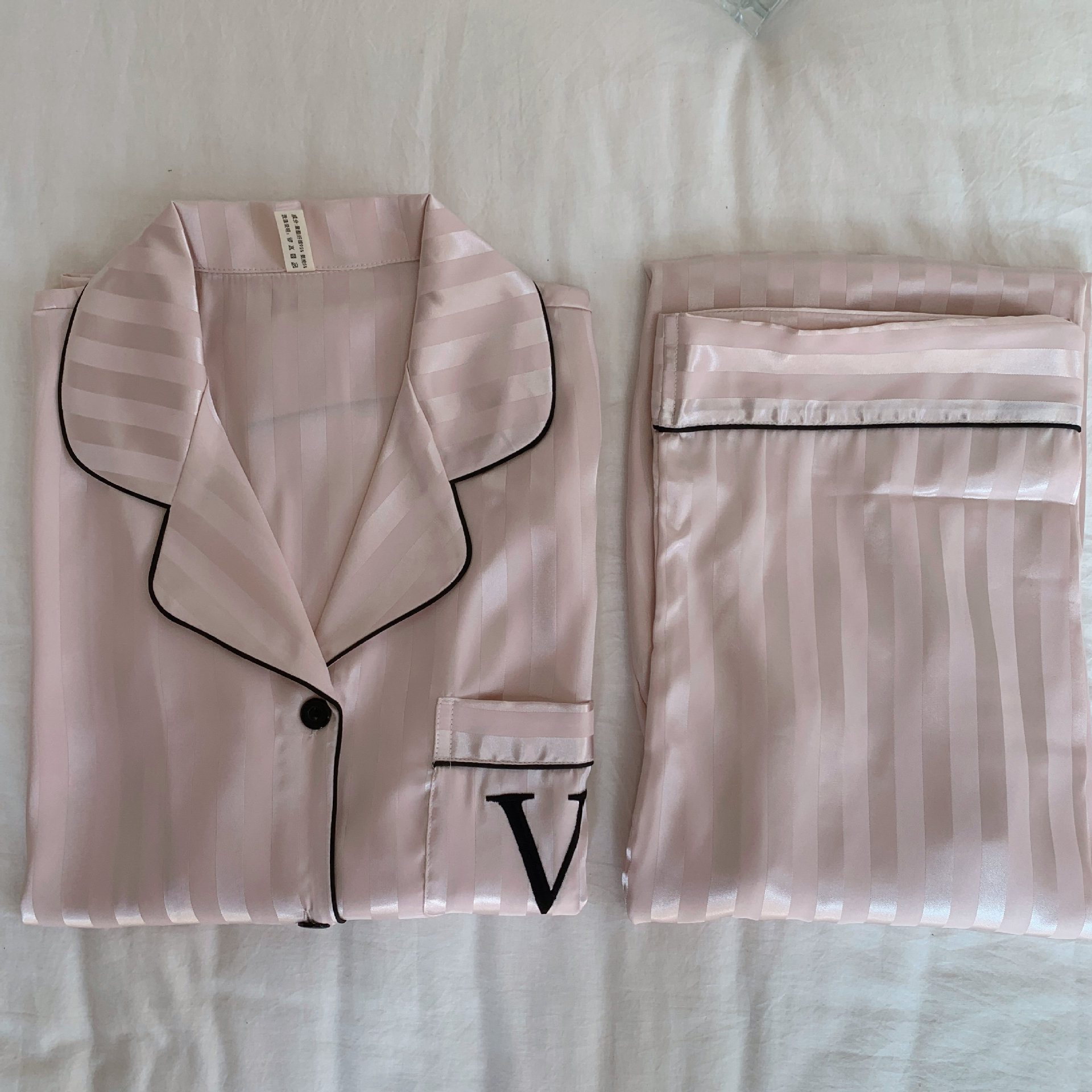 Home Clothing Striped Embroidered Letter Pocket Short Sleeve And Shorts Pajama Set Casual Satin Sleepwear With Lapel Collar Button Detail