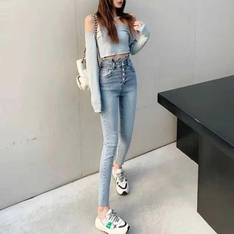 Rhinestone Buttons Woman Pencil Jeans Fashion Fitted Denim Ankle Pants for Women Spring Autumn High Waist Slim Fit Trousers R250716