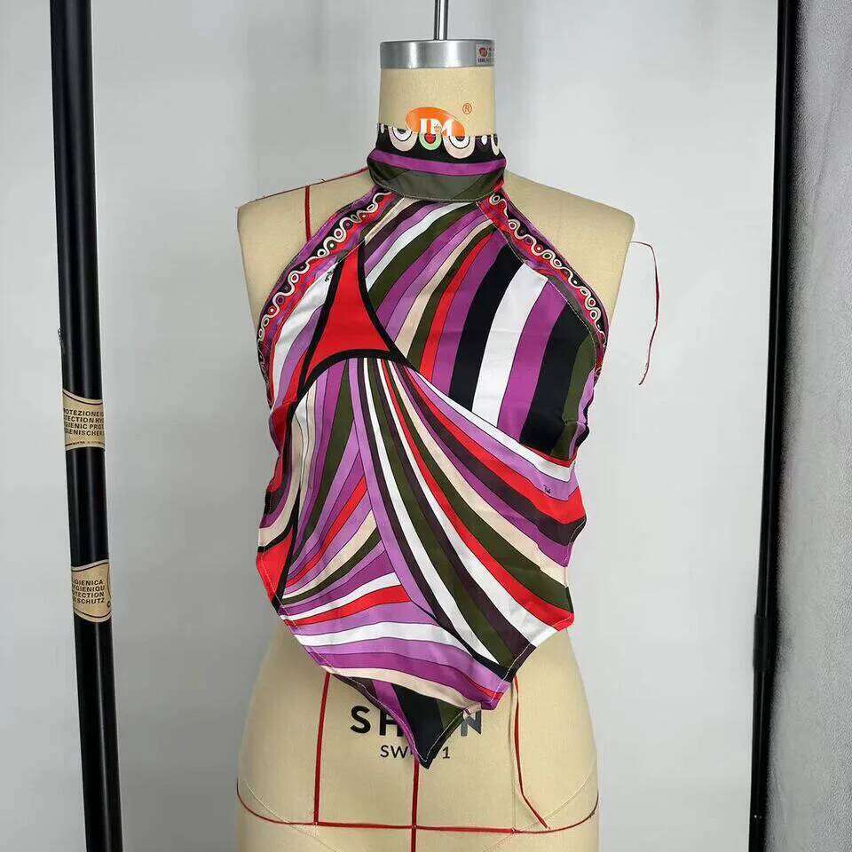 2025 Patchwork Halter Neck Style Women Fashion Colorful Summer Beach Top Graphic Priting Twill Bikini Wear