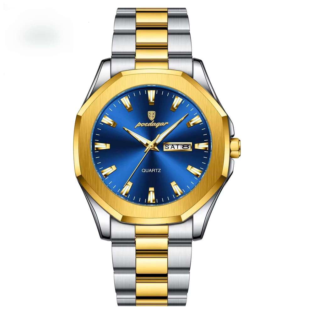DHgargets Men's Stainless Steel Watch - 30M Waterproof Square Quartz Wristwatch with Day & Date, Business Style (Model 875)