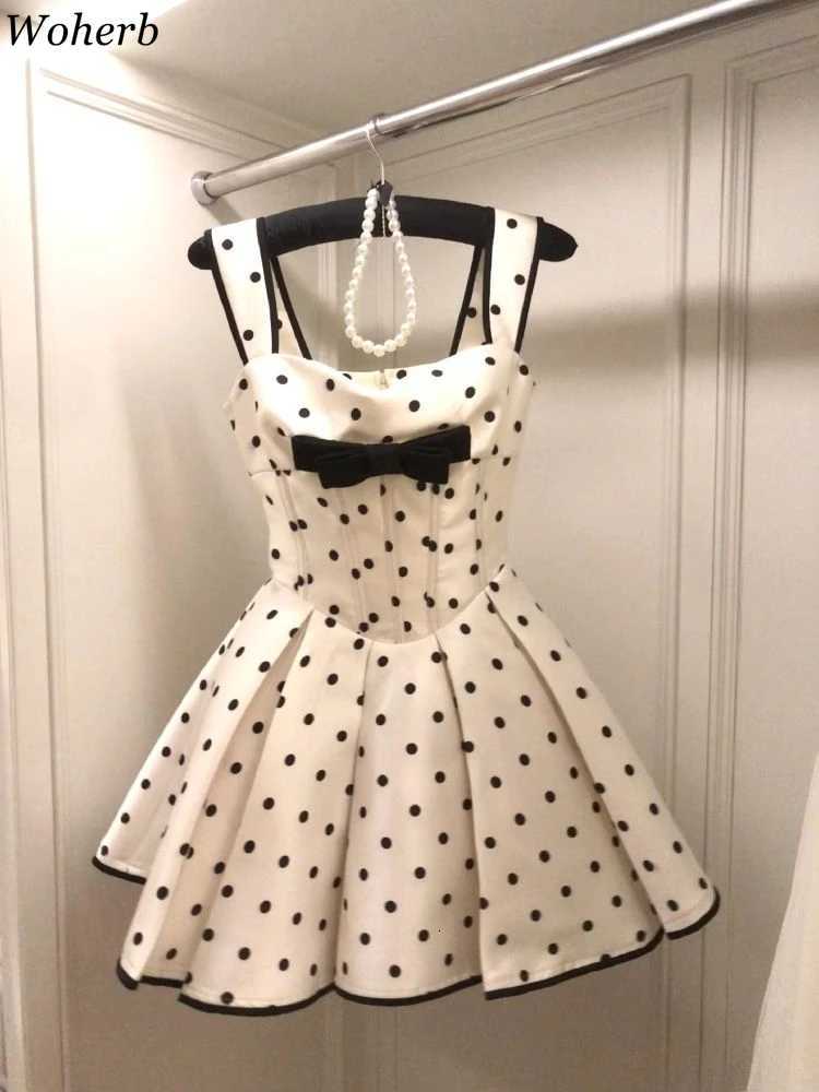 Sweet Wave Point Dress for Women Fashion Summer Sling Robe Femme 2025 Vestidos De Mujer A-line Tunic Pleated Cute Bow Dresses R250716