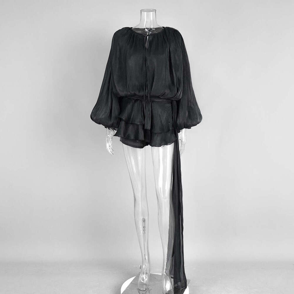 Chiffon Long Summer New Lantern Sleeve Tie Short Ruffle Dress B5
