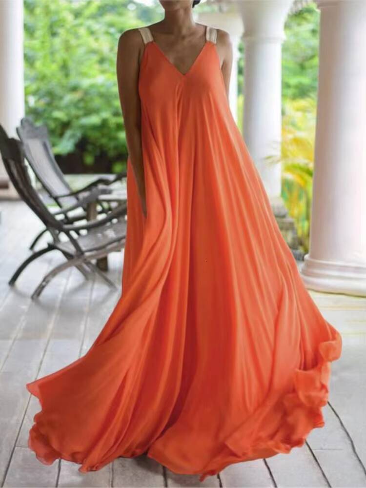 Fashion Spaghetti Strap Solid Boho Dress Summer Womens V Neck Sleeveless Loose Maxi Long Dresses New 2024 For Women Robe Femme dongdumaoyi