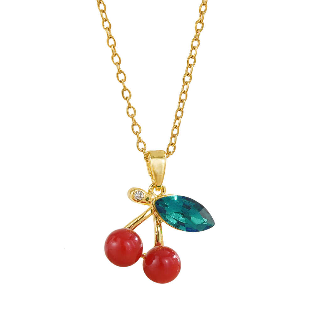 Women's Fashion Pastoral Style Necklace Copper Micro Inlay Design Internet Celebrity Temperament Lively Sparkling Cherry Pendant 8D8