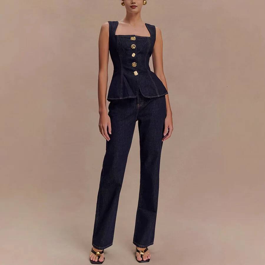 Spring Summer Women's Modern Style Button-Square Collar Sleeveless High-Waisted Denim Top And Straight-Leg Jeans Two-Piece Set