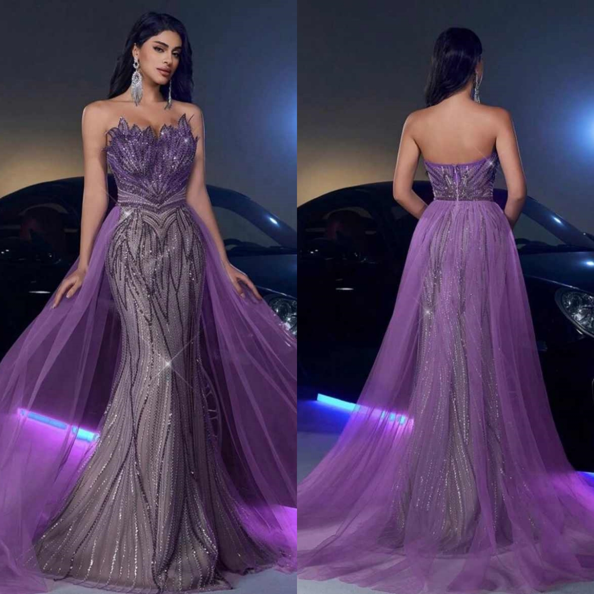 Classic Prom Dress Sequined Appliques Prom Gowns Full Sleeve Split Satin Evening Dress Sweep Train Robes De Mariee Plus Size Customized L251544