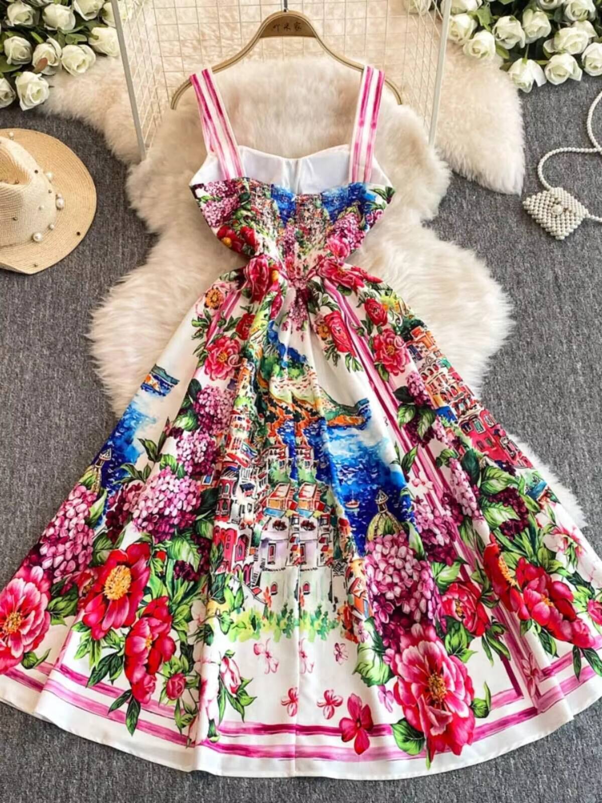 Designer Summer Holiday Floral Print Midi Prom Dress Women Bustier Corset Strechy Back Sundress Party Long Evening Dresses dongdumaoyi