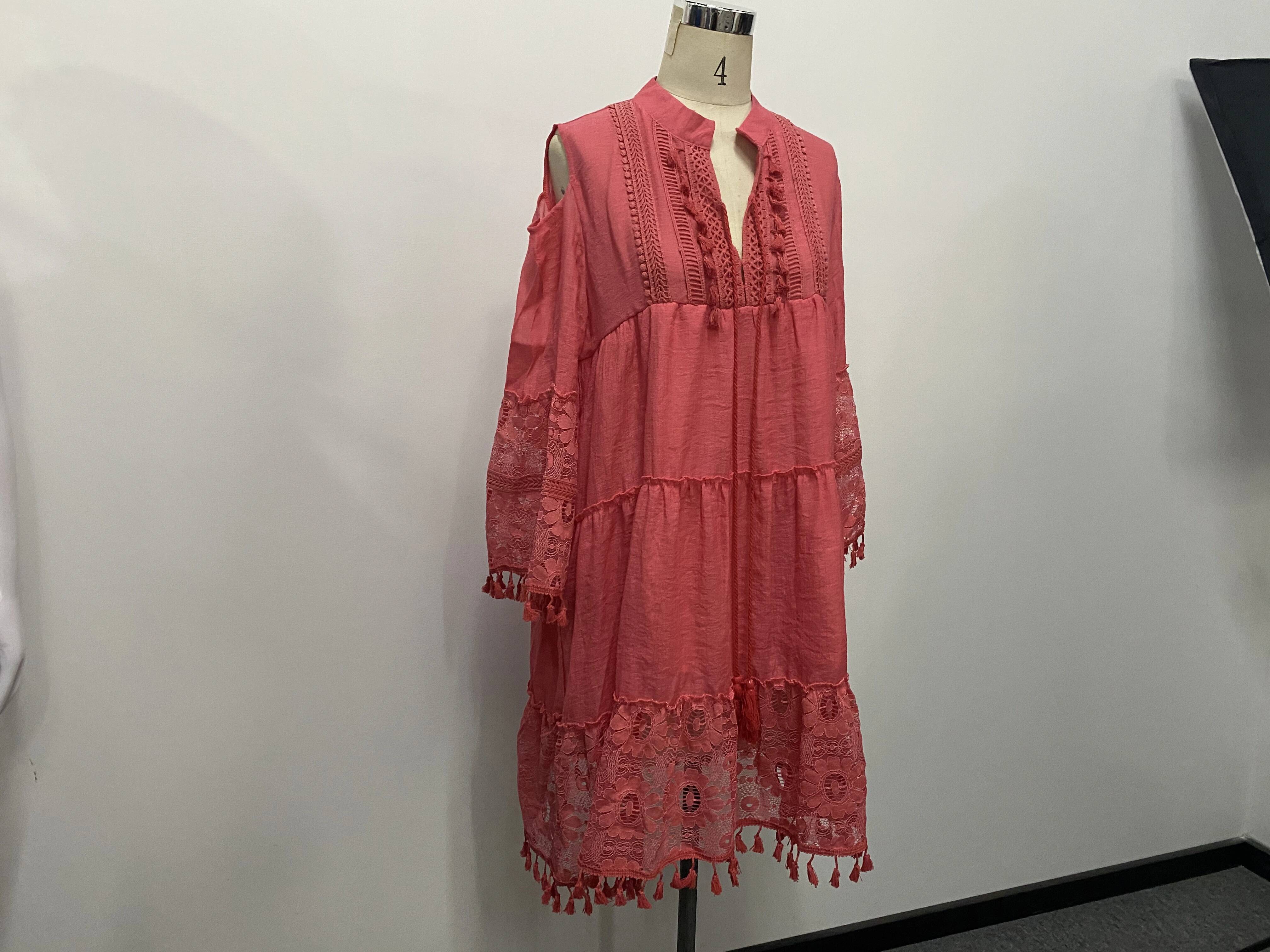 White Lace Fashion Eu Boho Mini Dress Women Autumn Pop Tassel Loose V Neck Dresses Lady Beach Female Clothing dongdumaoyi