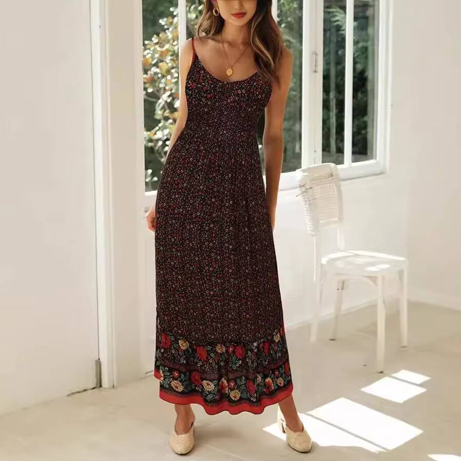 2025 Summer New Style Womens Bohemian V-Neck Tank Large Ornamentation Amazon Cross-Border Fashion Dress dongdumaoyi