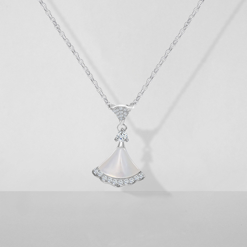 Silver - Toned Fan - Shaped Pendant Necklace With White Mother - of - Pearl And Rhinestone Accents Elegant Daily And Special Occasions Gift For Her Fa