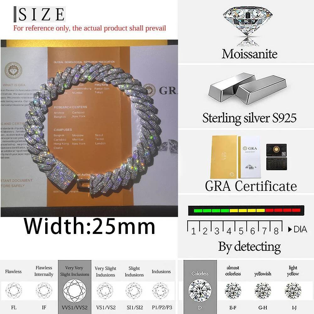 Thick 20-25mm 925 Silver Three Rows Prong Setting Cuban Link Iced Out Hip Hop White Moissanite Chain Jewelry Women Men Gifts