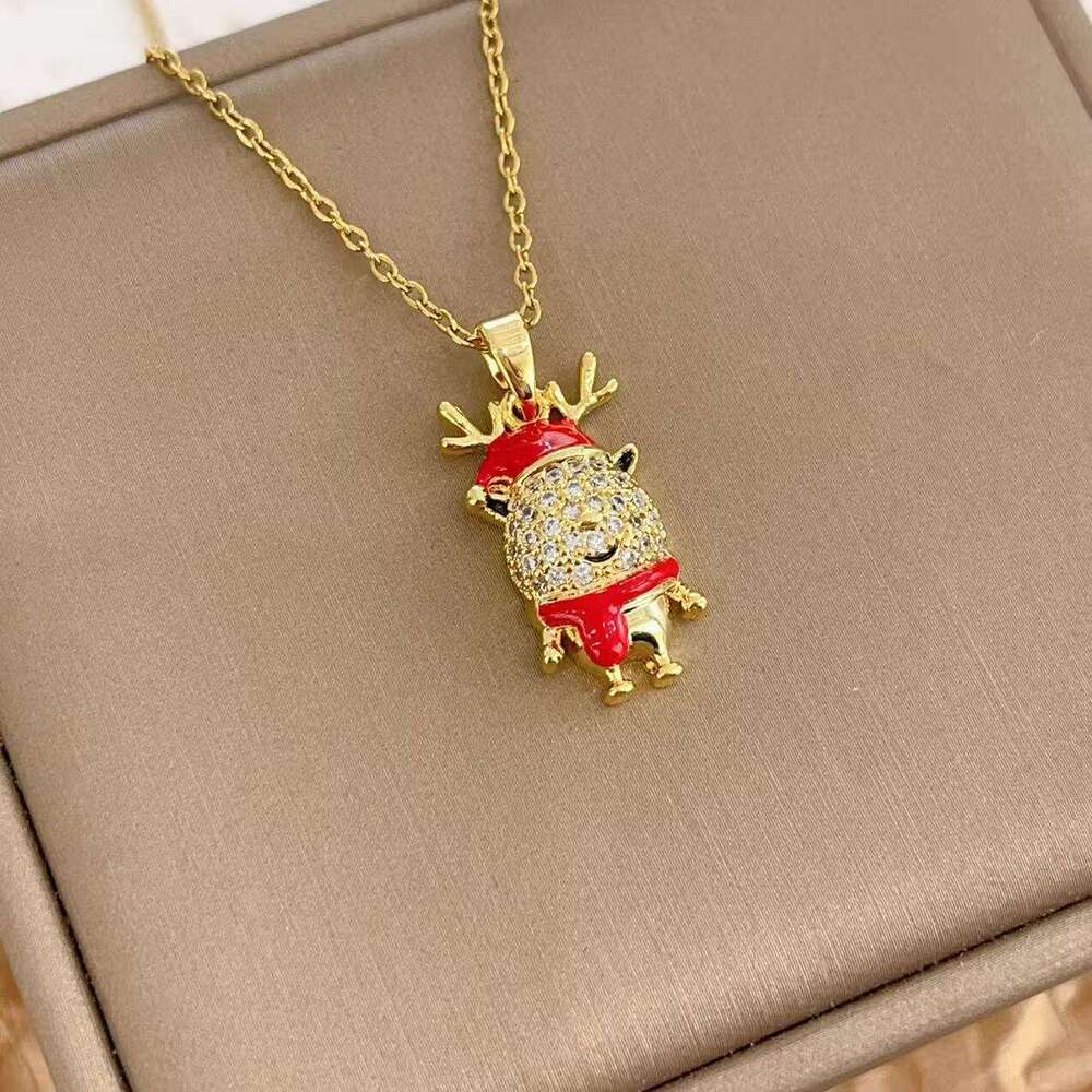 For Women New Copper Inlaid Zirconium Plated Real Gold Christmas Reindeer Antler Design Snowman Necklace Jewelry Ca7