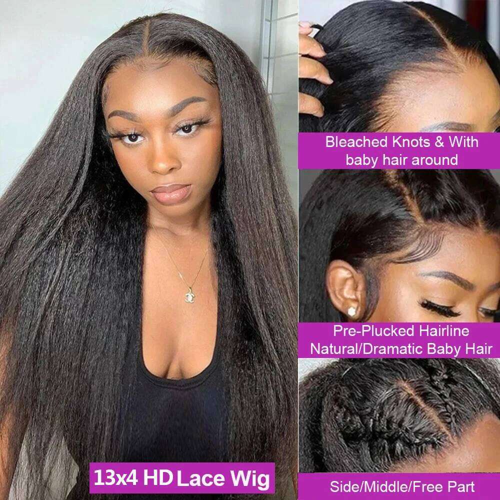 Full 360 Hd Kinky Yaki HD Transparent Lace Front 40Inch Straight Human Hair Wig For Women