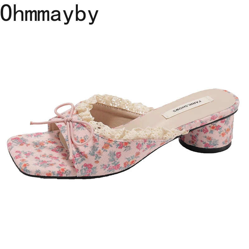 Summer Butterfly-knot Square Toe Women Slippers Elegant Thick Heel Slide Ladies Concise Beach Dress Sandalias 250712