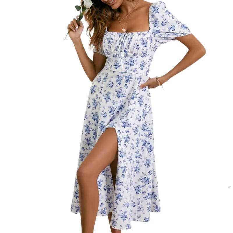 2024 Amazon Womens Fashion Spring New Printed French Floral Open-Back Slims Smooths Your Silhouette Tank Side Slit Dress dongdumaoyi