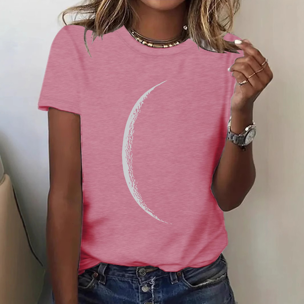 Round Neck Top Women Summer High-end Moon Pattern Print T-shirt Loose Short Sleeve