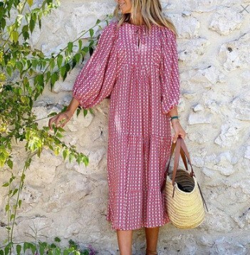2025 Cross-Border Foreign Trade Summer Women's Short Sleeve Plus Size Loose Printed Lantern Sweet Style Dress Long Comfortable