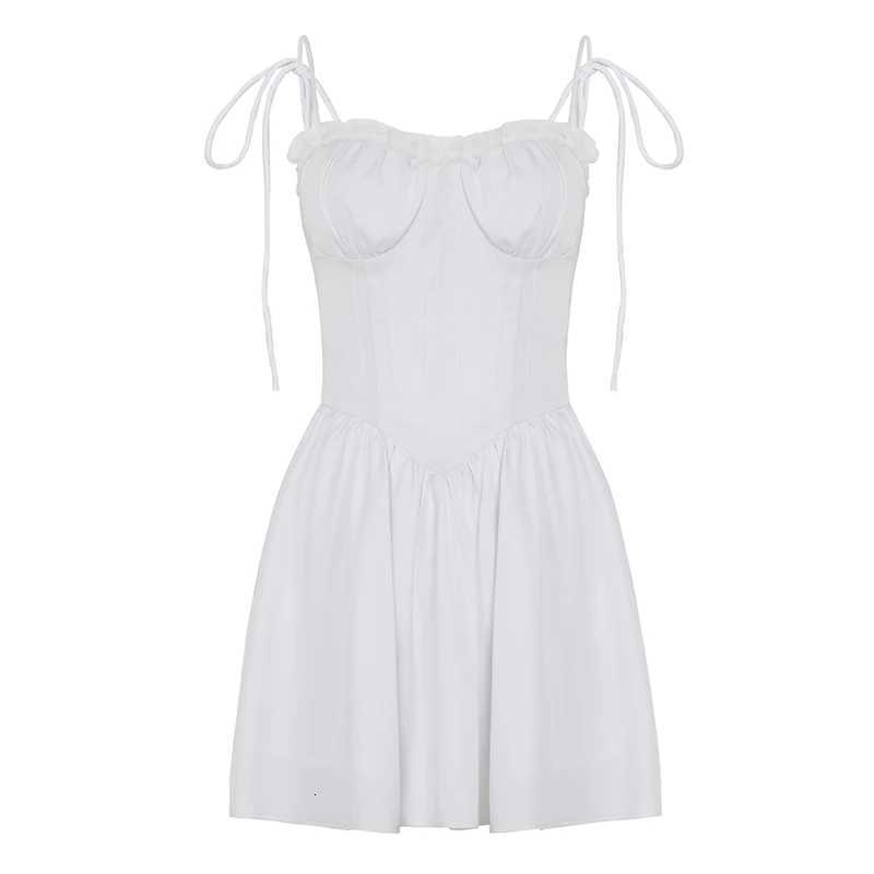 HEYounGIRL Elegant Lace Trim Strappy Dress with Breast Pads Aesthetic Chic White A-line Princess Dress Summer Vacation Style R250716
