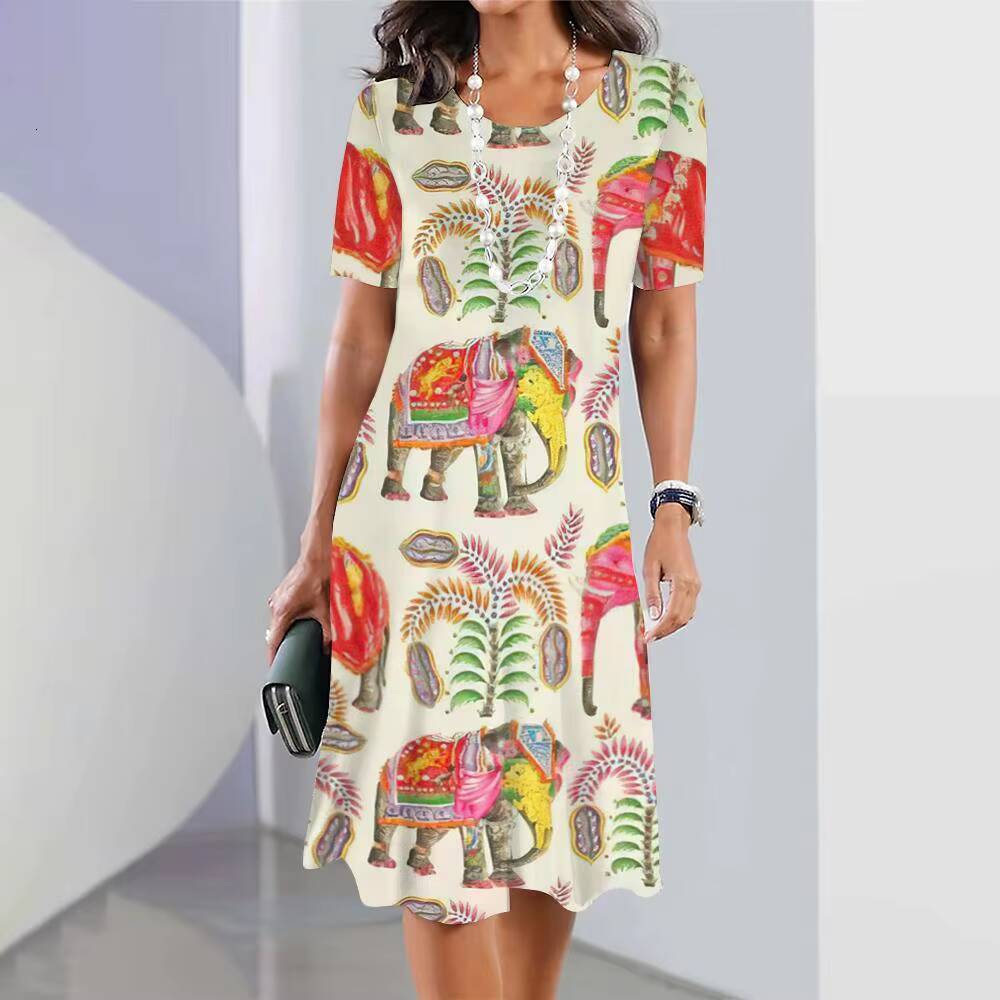 2024 New Elephant Print For Womens Elegant Midi Dresses Summer Female Short Sleeve Dress Fashion Oversized Clothes dongdumaoyi