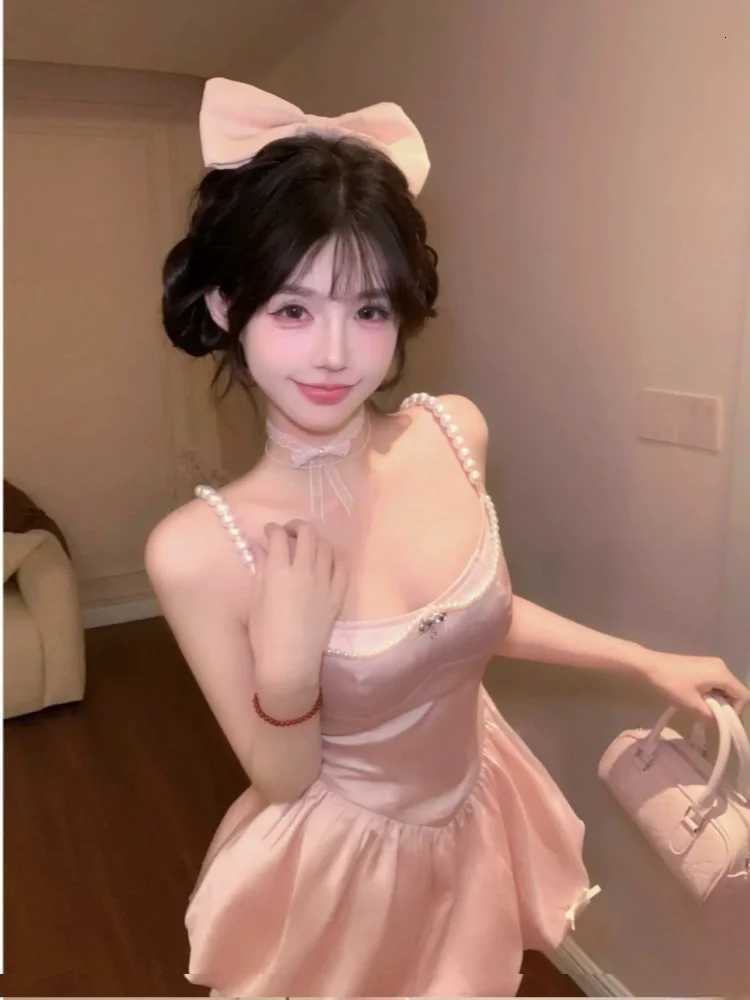 Women Sweet Satin Mini Dress Pearl Strap Puff Skirt Cute Princess Style Slim Fit Sleeveless Dress Party Holiday Summer Look 2025 R250716