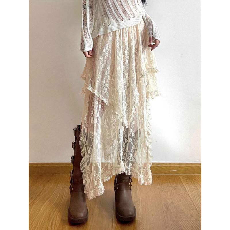 2025 French Style Elegant Apricot Lace Half Skirt Winter Irregular Inner Wear Long Elastic High Waist European Goods