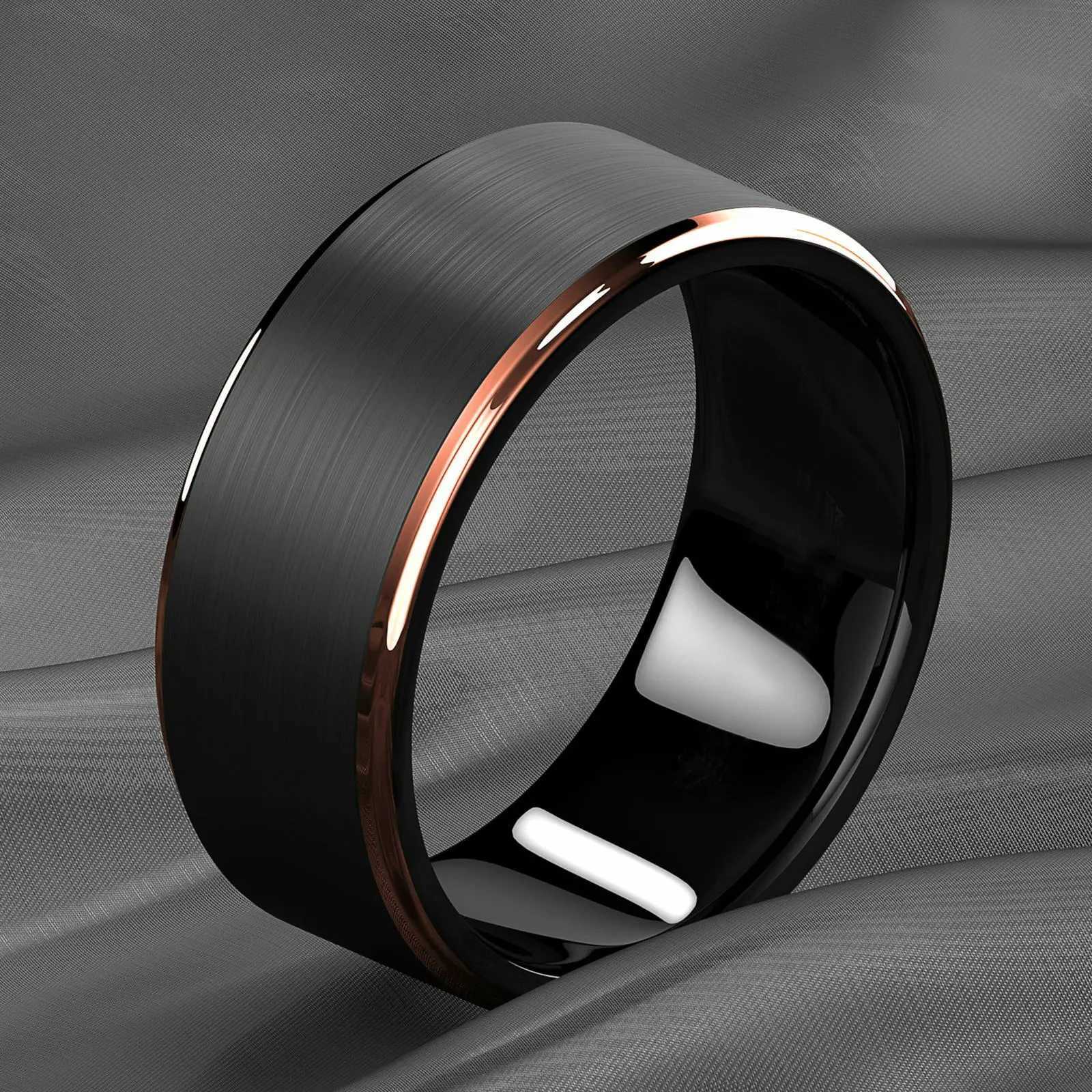 Fashion 8mm Stainless Steel Rings for Men Rose Gold Color Step Edge Black Brushed Men Rings Wedding Party Jewelry Gifts S250716