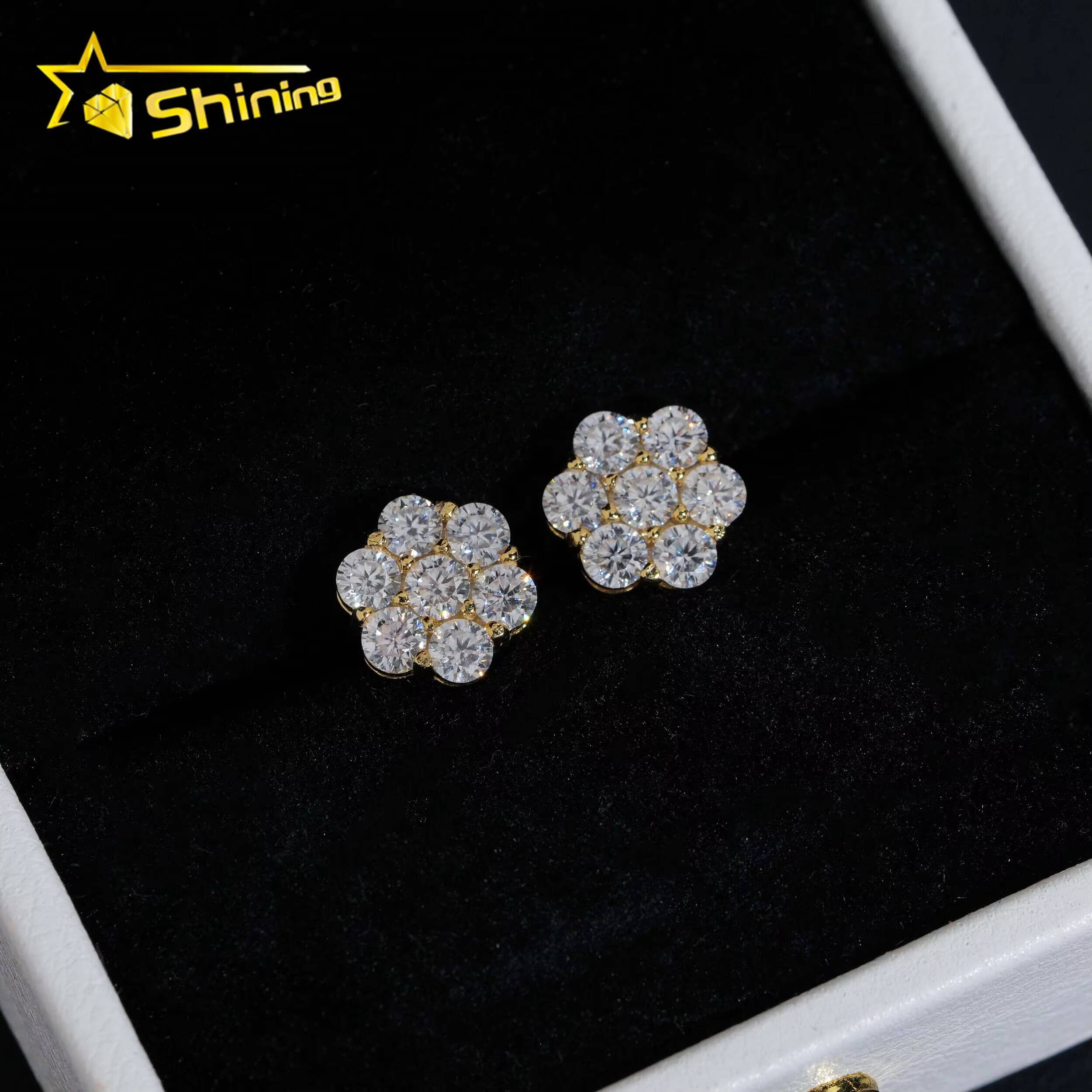 Ready to Ship Stock Drop Shipping Mens Iced Out Hip Hop Sterling Silver 925 Screw Back Moissanite Flower Cluster Stud Earrings