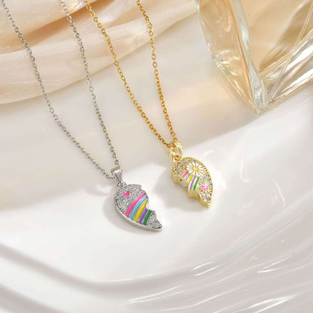 New Friendship Women's Heart Rainbow Necklace Set Personalized Best Friend Titanium Steel Collarbone Chain 648
